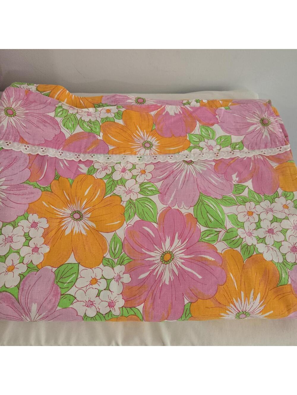 Vintage Wabasso Bedsheet Pink Orange Floral Top Flat Sheet Double Cotton Bedding